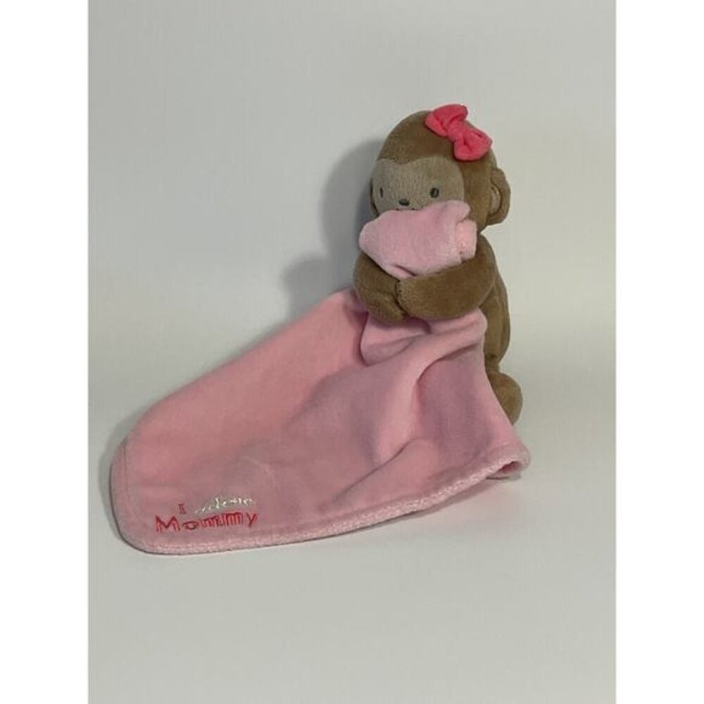 Brown Monkey Lovey Rattle Holding Pink Lovey Security Pink Bow Stuffed Plush Toy